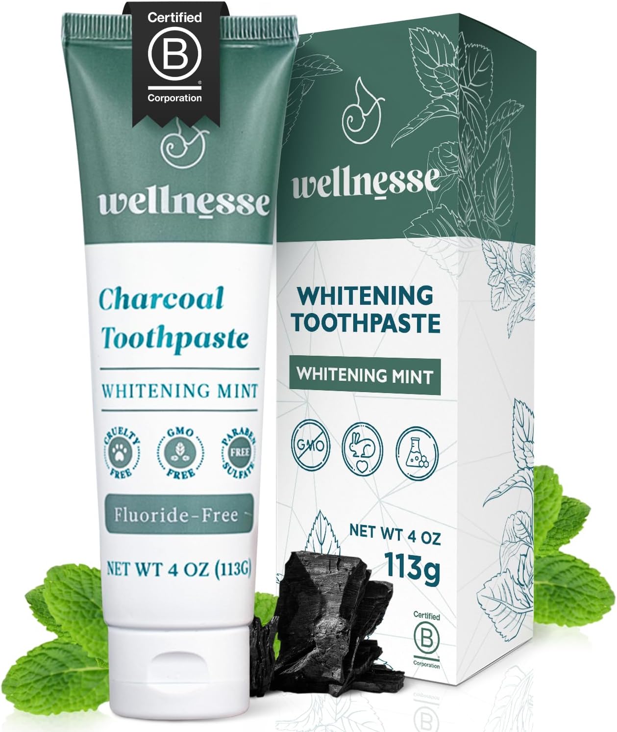 Wellnesse Activated Charcoal Whitening Toothpaste With Xylitol - Natural Teeth Whitening & Breath Freshness + Fluoride-Free, Vegan, No Glycerin - Whitens, Strengthens, & Purifies