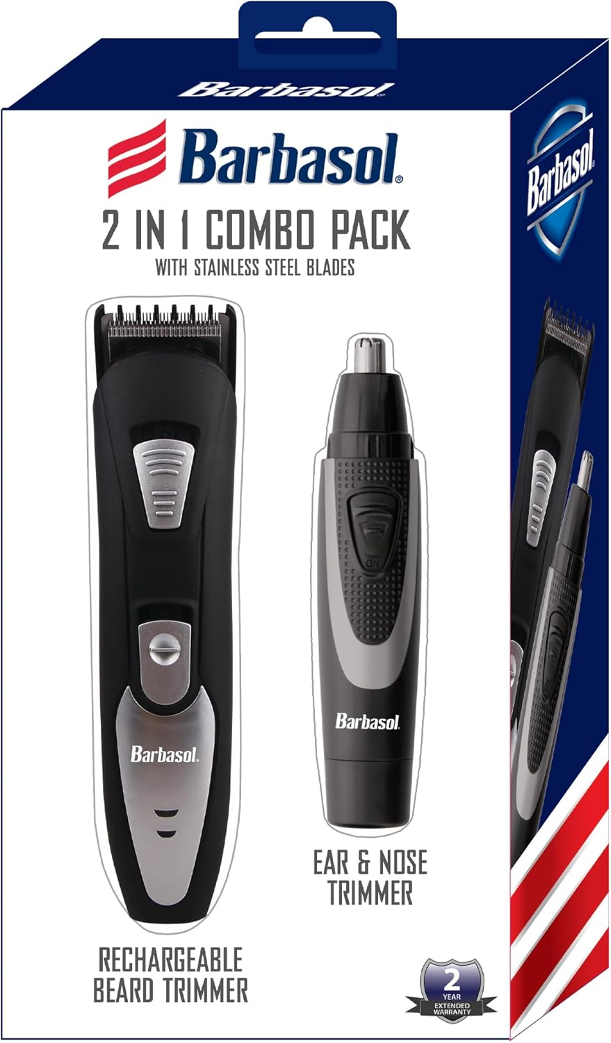 Barbasol Beard Trimmer For Men & Ear And Nose Trimmer Set, 2 In 1 Trimmer Set With Stainless Steel Blades, Rechargeable Beard Trimmer & Battery Powered Nose And Ear Trimmer Travel Set With Travel Bag