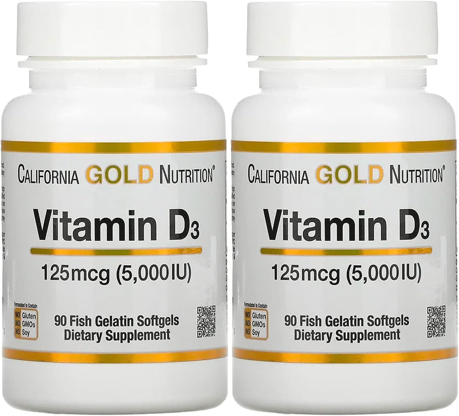 Vitamin D3 Supplement By California Gold Nutrition - Support For Healthy Bones & Teeth - Immune System Support - Gluten Free, Non-Gmo - 125 Mcg (5,000 Iu) - 2 Pack Of 90 Fish Gelatin Softgels Each