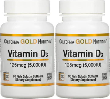 Vitamin D3 Supplement By California Gold Nutrition - Support For Healthy Bones & Teeth - Immune System Support - Gluten Free, Non-Gmo - 125 Mcg (5,000 Iu) - 2 Pack Of 90 Fish Gelatin Softgels Each