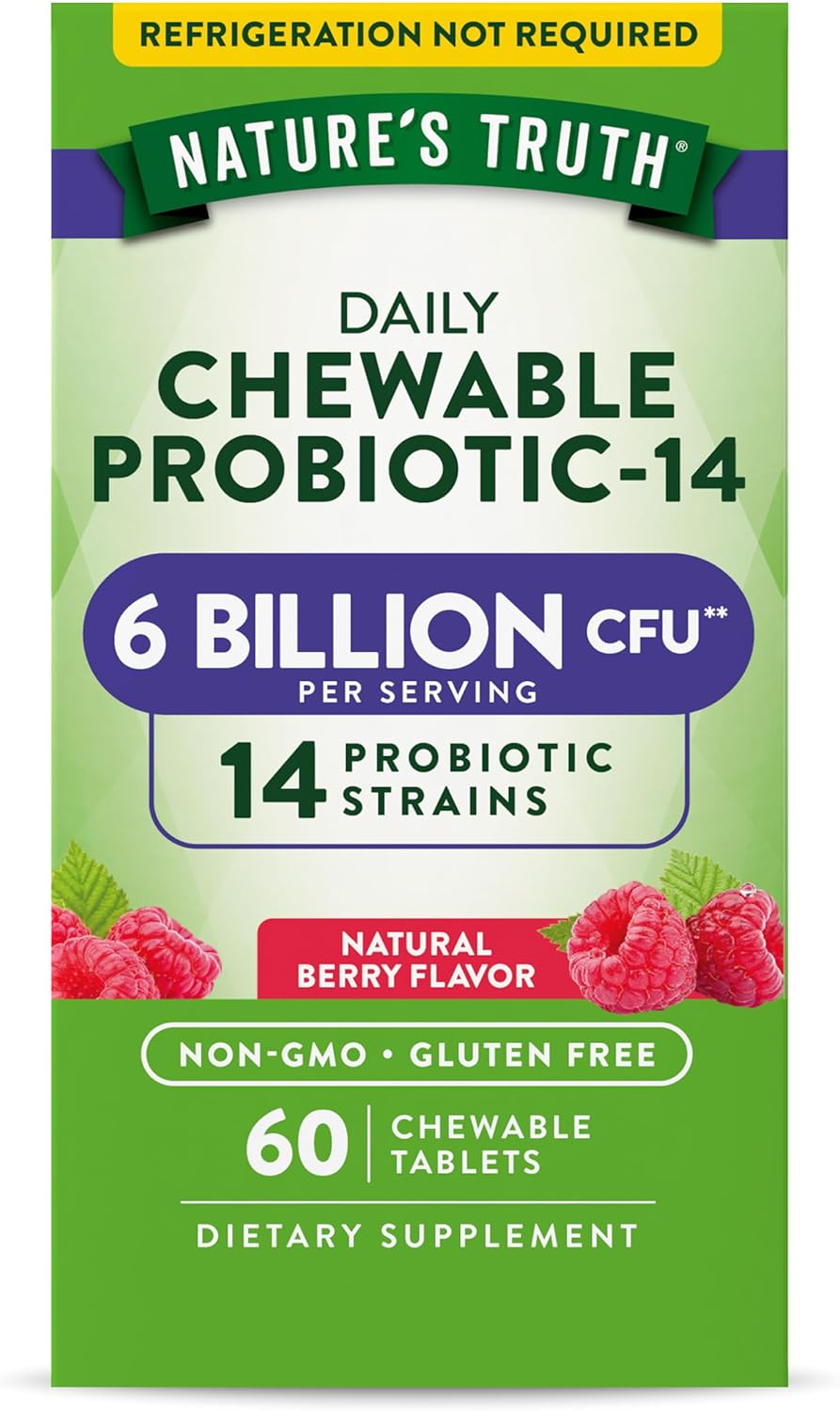 Probiotic Chewable For Men And Women | 6 Billion Cfu | 60 Count | 14 Strains | Berry Flavor | Non-Gmo & Gluten Free | By Nature'S Truth