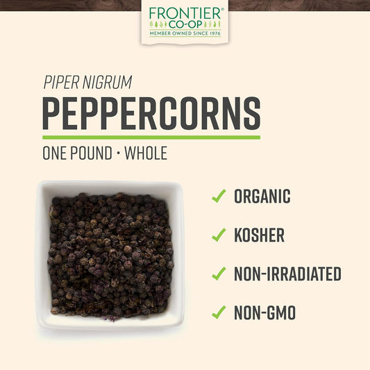 Frontier Co-Op Organic Tellicherry Whole Black Peppercorns 1Lb - Black Pepper For Grinder Refill, Wholesale Restaurant Supply