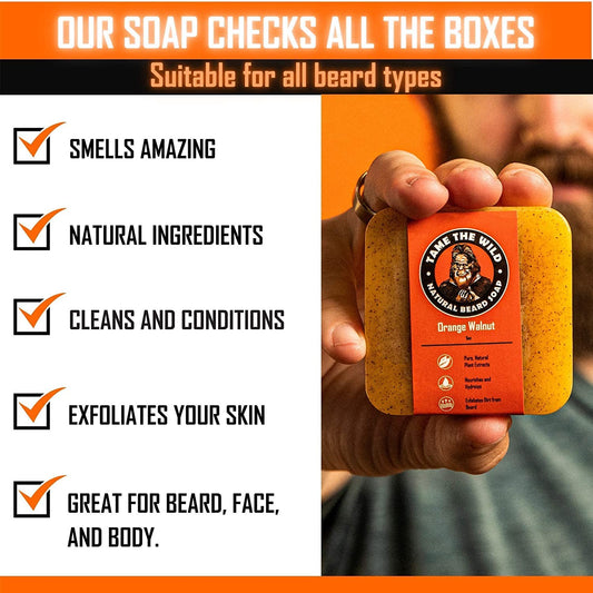 Orange Walnut Beard Soap – Exfoliating Beard Wash & Face Scrub – Shea Butter & Coconut Oil – 5 Oz Bar