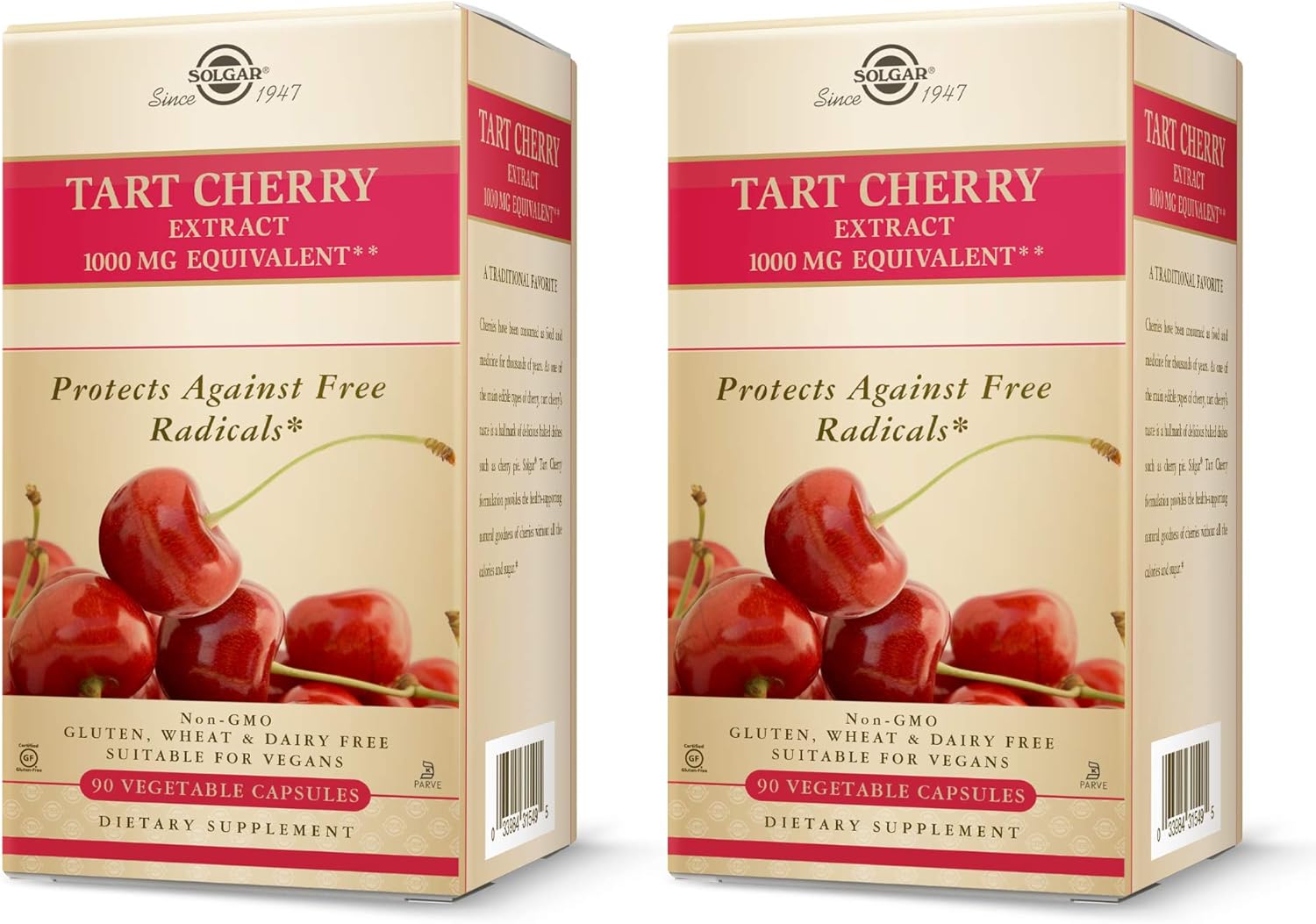 Solgar Tart Cherry 1000 Mg, 90 Vegetable Capsules - 2 Pack - Antioxidant With Quercetin, Chlorogenic Acid & Anthocyanins Coms - Non Gmo, Vegan, Gluten Free, Dairy Free - 90 Servings Per Pack
