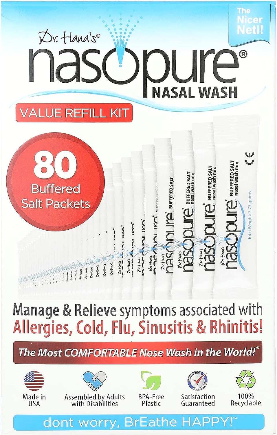 Nasopure Nasal Wash, Value Refill Kit, ?The Nicer Neti Pot? Sinus Wash Kit, Comfortable Nasal Rinse 80 Salt Packets (3.75 Grams Each), Nasal Congestion, Cold, Flu, Allergy, Nasal Irrigation System