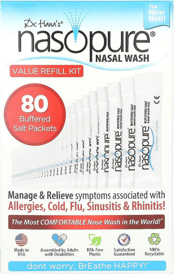 Nasopure Nasal Wash, Value Refill Kit, ?The Nicer Neti Pot? Sinus Wash Kit, Comfortable Nasal Rinse 80 Salt Packets (3.75 Grams Each), Nasal Congestion, Cold, Flu, Allergy, Nasal Irrigation System