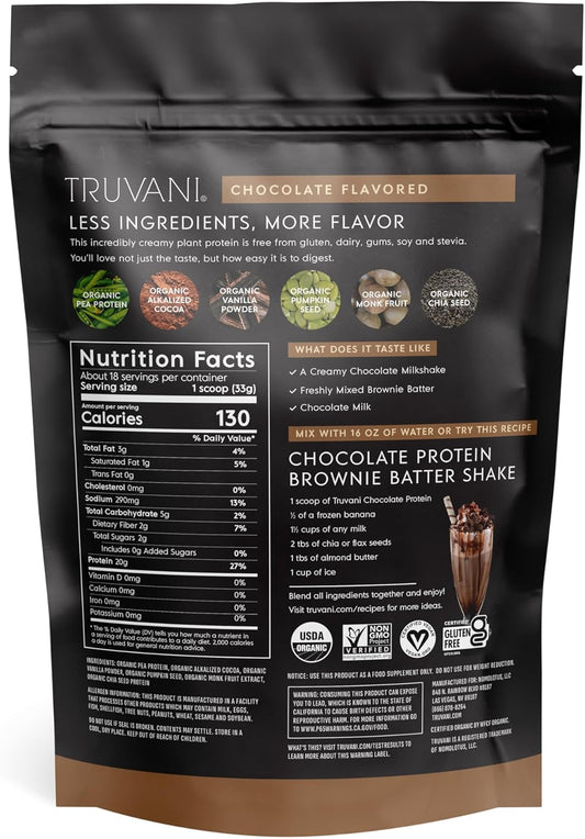 Truvani Vegan Pea Protein Powder | Chocolate | 20G Organic Plant Based Protein | 18 Servings | Keto | Gluten & Dairy Free | Low Carb | No Added Sugar