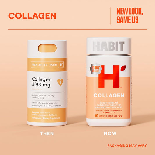 Habit Collagen Supplement (60 Capsules) - New Look, 2000Mg Collagen Peptides, Vitamin C & Vitamin E, Skin Health, Antioxidants, Non-Gmo, Gluten Free (1 Pack)
