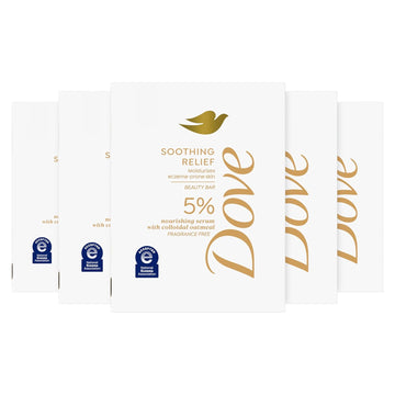 Dove Fragrance Free Beauty Bar Soothing Relief 5 Bars Moisturizes Eczema-Prone Skin 5% Nourishing Serum With Colloidal Oatmeal 7.5 Oz