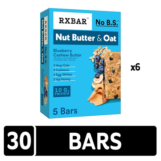 Rxbar Nut Butter And Oat Protein Bars, Protein Snacks, Snack Bars, Blueberry Cashew Butter (6 Boxes, 30 Bars)