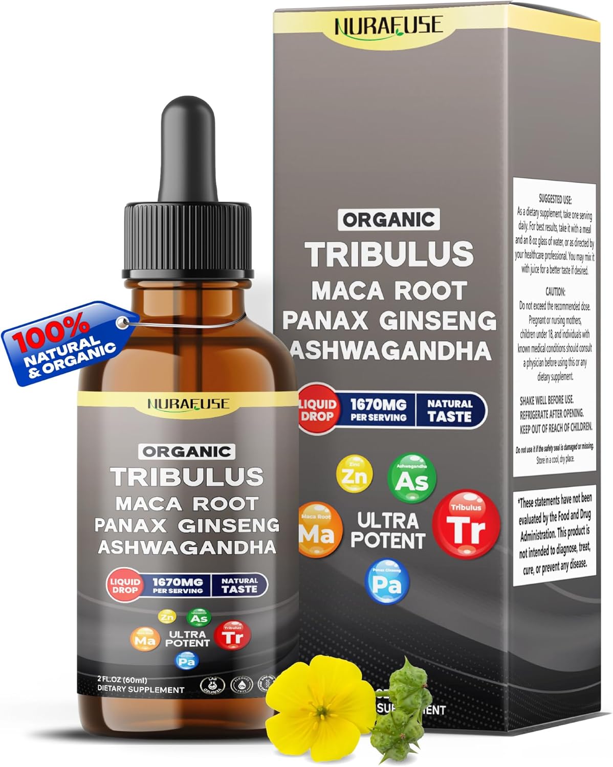 Organic Tribulus, Maca Root, Panax Ginseng, Ashwagandha Liquid Drops – 1670Mg Per Serving, Ultra Potent, Natural Taste, Usa Made & Lab Tested – 2 Fl Oz (60Ml)