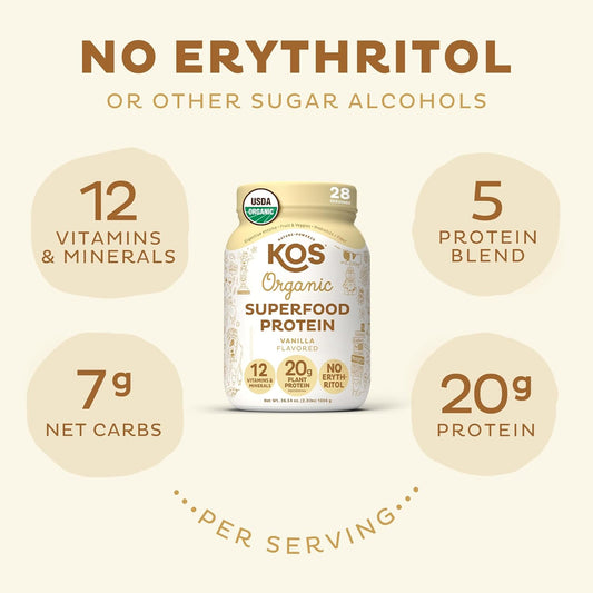 Kos Vegan Protein Powder Erythritol Free, Vanilla Usda Organic - Pea Protein Blend, Plant Based Superfood Rich In Vitamins & Minerals - Keto, Dairy Free - Meal Replacement For Women & Men, 28 Servings