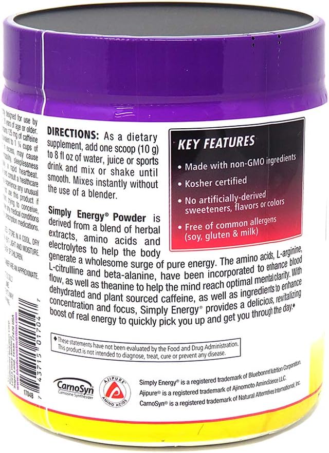 Bluebonnet Nutrition Simply Energy Powder - No Artificial Colors, Flav