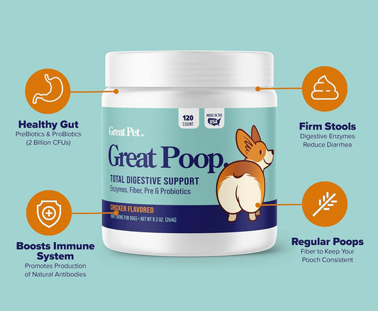 Great Poop Probiotics for Dogs - Fiber for Dogs Supplement with Dog Probiotics and Digestive Enzymes for a Healthy Gut, Firm Stool & Diarrhea Relief - Chicken Flavored Pet Soft Chews with Prebiotics