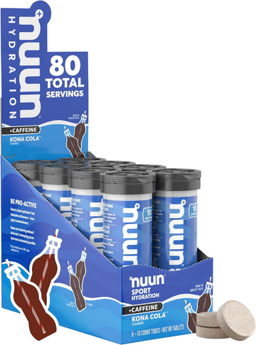 Nuun Sport + Caffeine Electrolyte Tablets - Dissolvable In Water, Kona Cola Flavor | 5 Essential Electrolytes For Hydration | 1G Sugar Drink Mix | Vegan, Non-Gmo | 8 Pack (80 Total Servings)