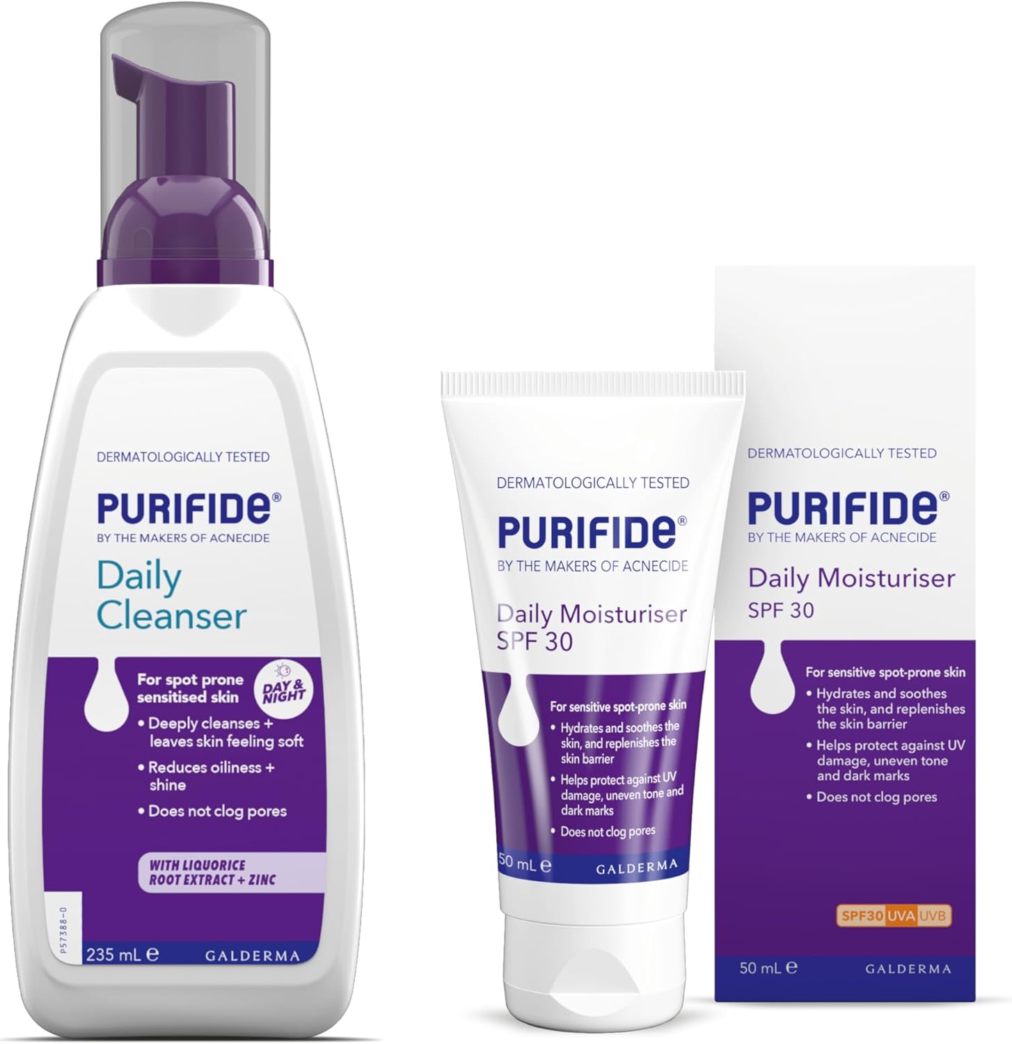 Purifide By Acnecide Skincare Set Daily Cleanser, Face Wash Soap Free, 235Ml + Moisturiser Spf 30, 50Ml, Face Sun Cream For Acne Prone & Sensitive Skin