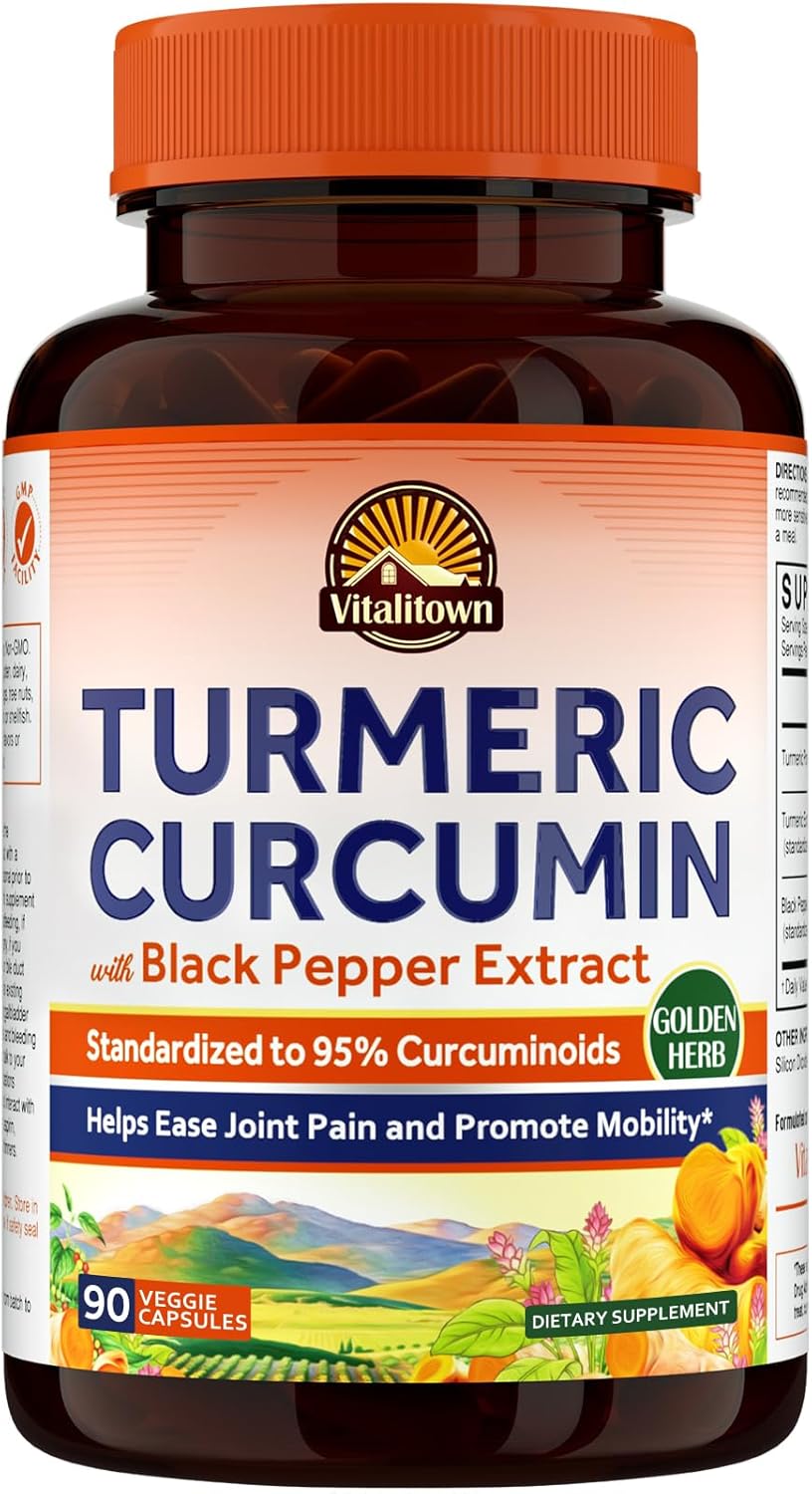 Vitalitown Turmeric Curcumin Root + Black Pepper, 1800Mg, India Grown, 95% Standardized Curcuminoids, Ultra Potency, 2000% Absorption, No Lead Or Gluten, Vegan Support, 90 Ct