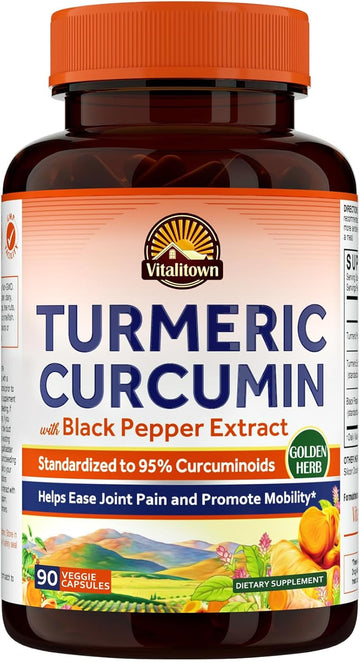 Vitalitown Turmeric Curcumin Root + Black Pepper, 1800Mg, India Grown, 95% Standardized Curcuminoids, Ultra Potency, 2000% Absorption, No Lead Or Gluten, Vegan Support, 90 Ct