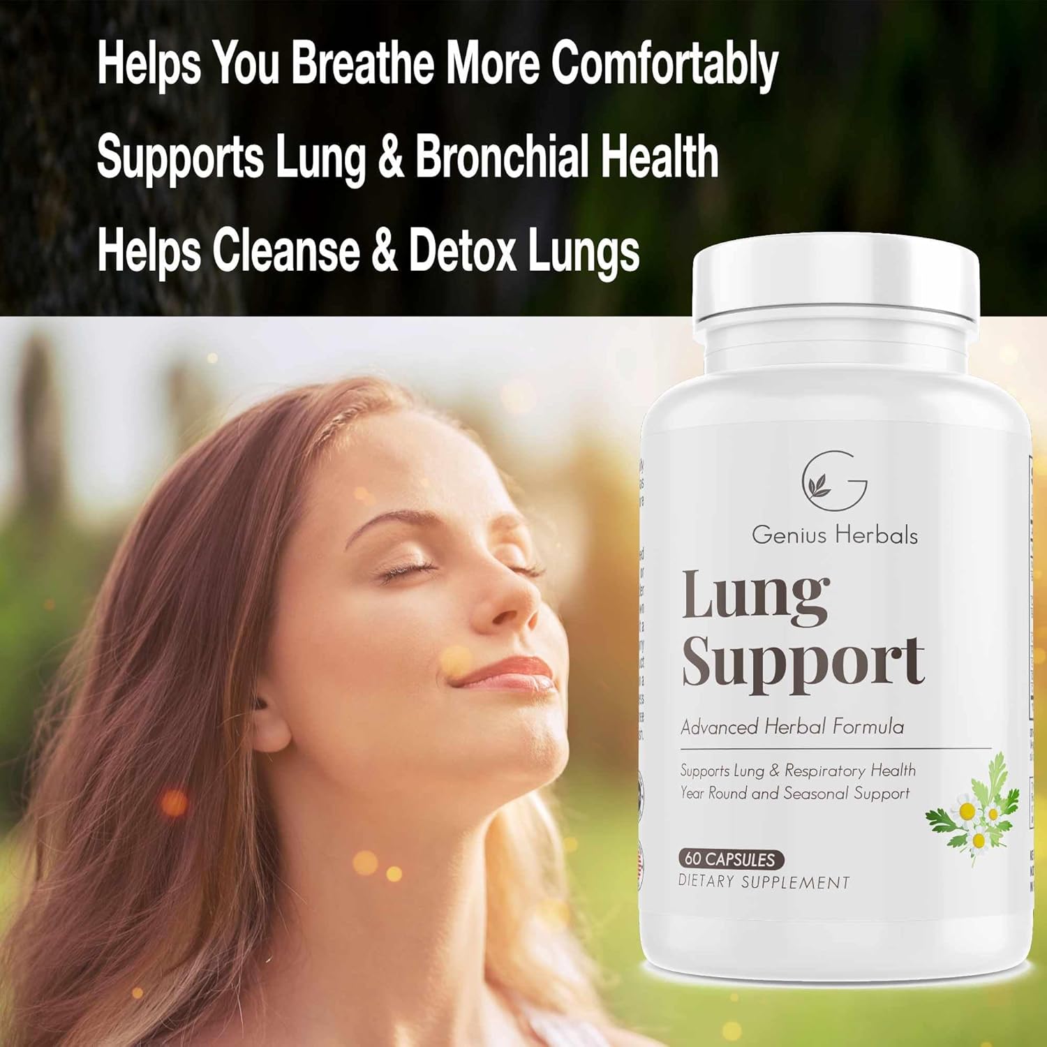 Genius Herbals Lung Support - Helps You Breathe More Comfortably, Year Round Seasonal Support, Lung Cleanse & Lung Detox Formula, 60 Capsules : Health & Household