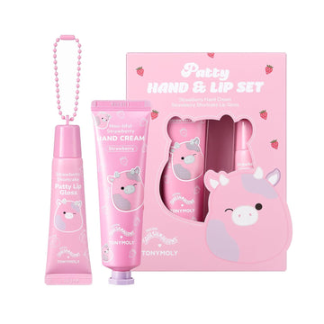 Tonymoly X Squishmallow Valentine Patty The Cow 2 Pc Hand Cream & Lip Gloss Set, Strawberry Hand Cream, Strawberry Shortcake Lip Gloss