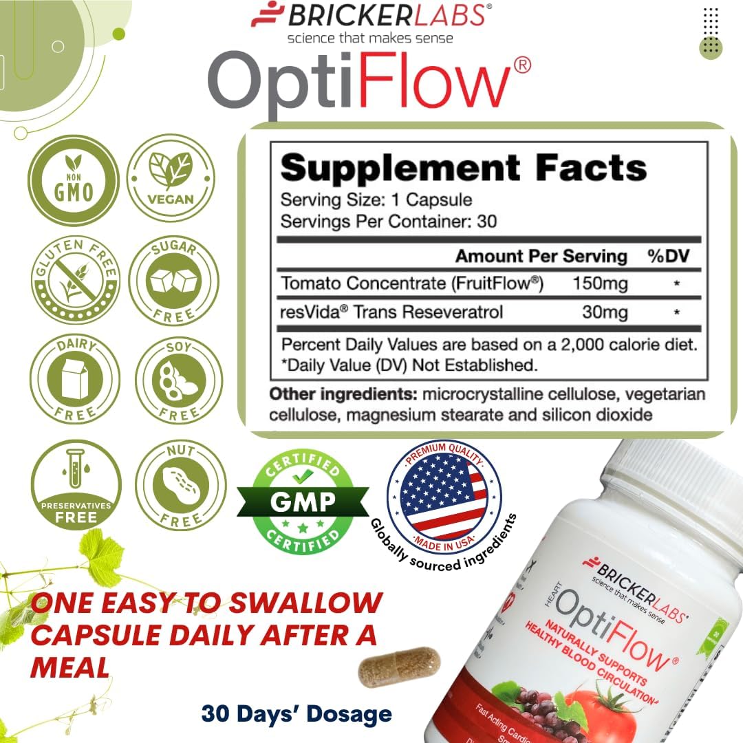 Bricker Labs OptiFlow Blood Circulation Vitamins, Naturally Supports Healthy Blood Flow, Contains FruitFlow and resVida Trans resveratrol. Blood Optimizer Supplement, 30 Capsules : Health & Household