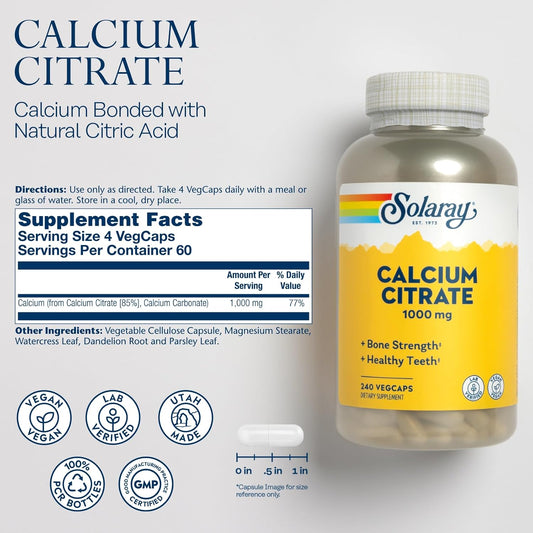 Solaray Calcium Citrate 1000Mg - Chelated Calcium Supplement - Supports Bone Strength And Healthy Teeth - Easy To Digest