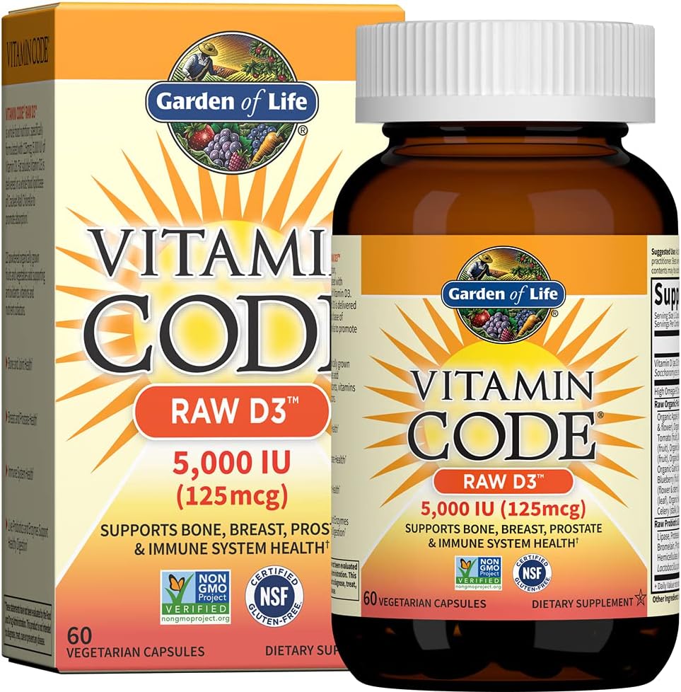 Garden Of Life Vitamin D, Vitamin Code Raw D3, Vitamin D 5,000 Iu, Raw Whole Food Vitamin D Supplements With Chlorella, Fruit, Veggies & Probiotics For Bone & Immune Health. 60 Vegetarian Capsules