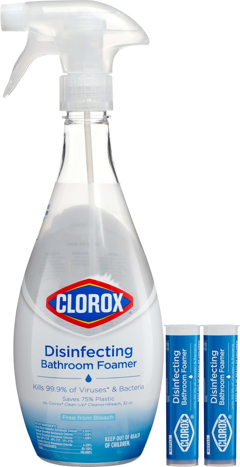 Clorox Disinfecting Bathroom Foamer Starter Kit With One Reusable Bottle Plus 2 Refill Cartridges, Household Essentials, Makes 50 Ounces Of Cleaner