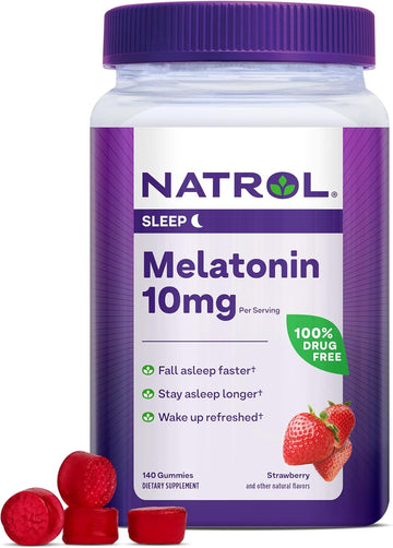 Natrol 10Mg Melatonin Gummies, Sleep Support For Adults, Melatonin Supplements For Sleeping, 140 Strawberry-Flavored Gummies, 70 Day Supply