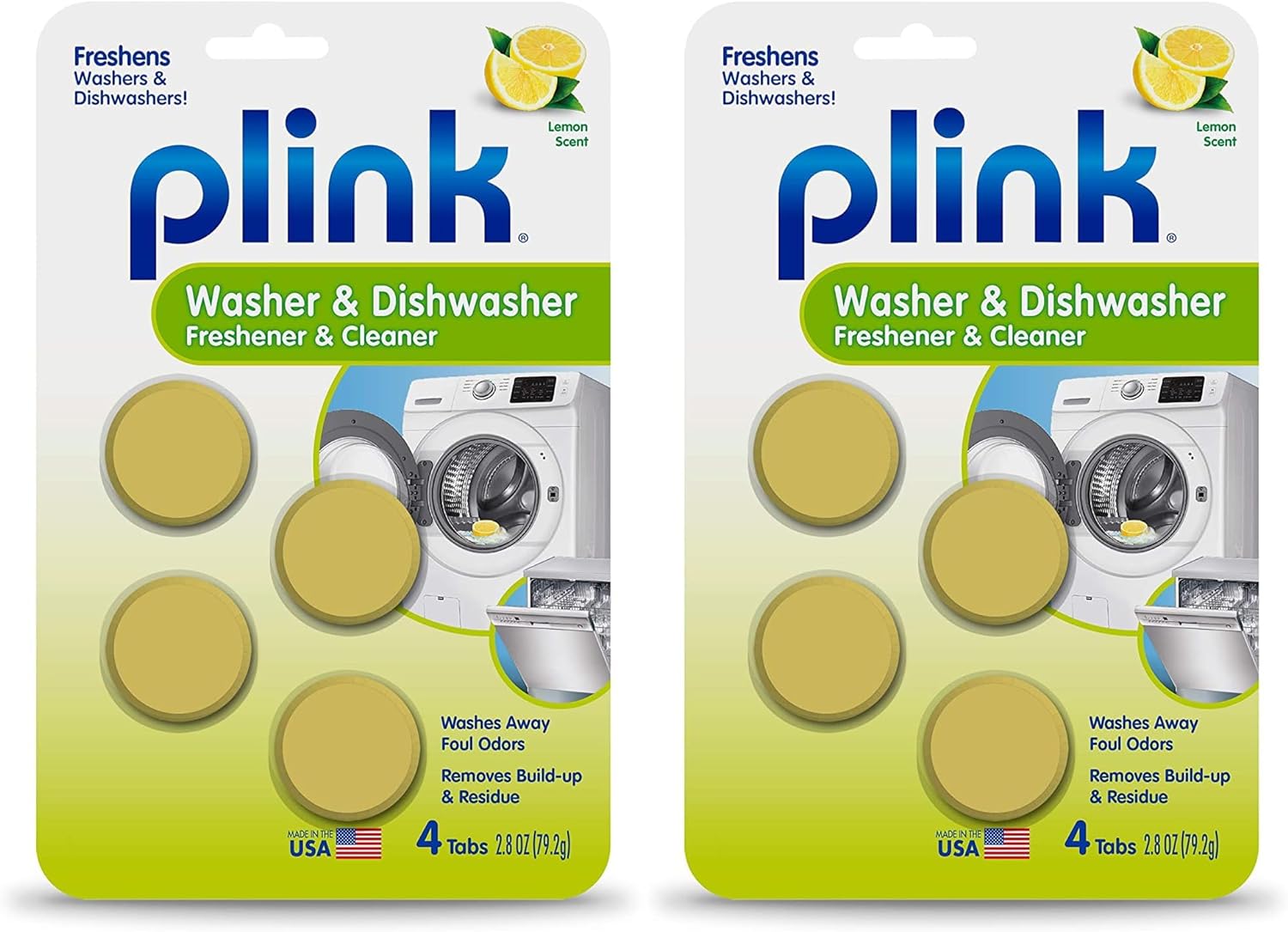 Plink Washer and Dishwasher Freshener and Cleaner, Prevents Residue, Removes Odors in Kitchen and Laundry Room Appliances, Septic-Friendly, Fresh Lemon Scent, 2 Packs of 4 Tablets