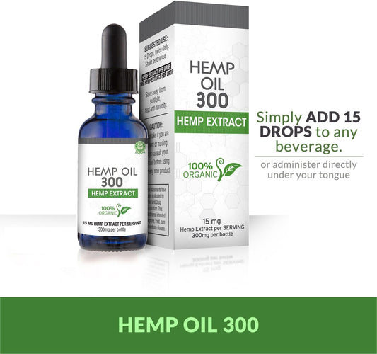 Absolute Nutrition Hemp Oil 300mg - 100% Organic Hemp Drops - Rich in