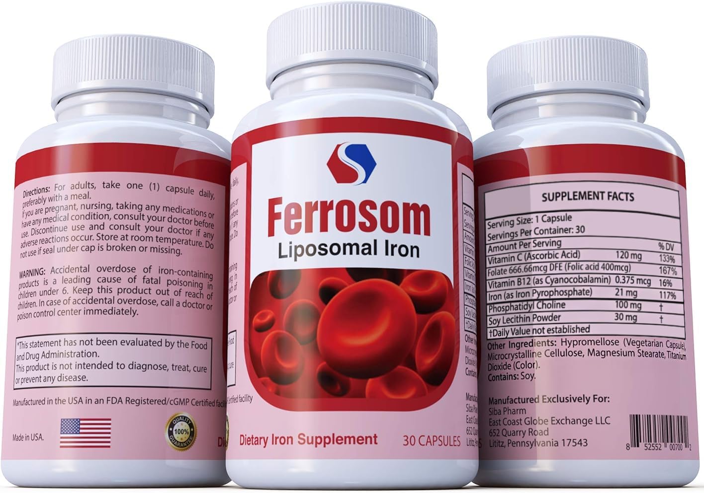 Liposomal Iron Supplements By Siba Pharm | Ferrosom Dietry Iron Vitamins Supplement | Rich In Vitamin C, B12, Folic Acid| Non Gmo, Vegan, Premium Quality| Helps New Blood Cell Production | 30 Capsules