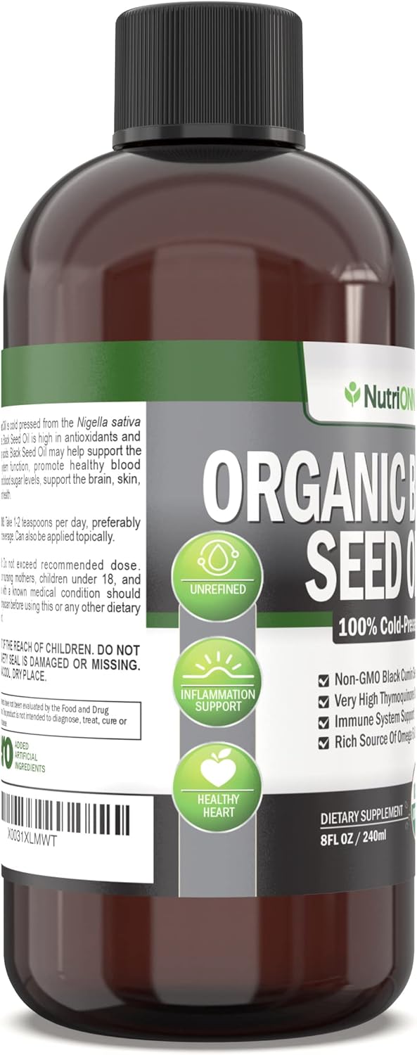 Organic Black Seed Oil - Usda Certified Organic Black Cumin Seed Oil Liquid – High Thymoquinone Content – Non-Gmo And Cold-Pressed – Rich Source Of Omega-6 & Omega-9 Fatty Acids - 8 Oz : Health & Household