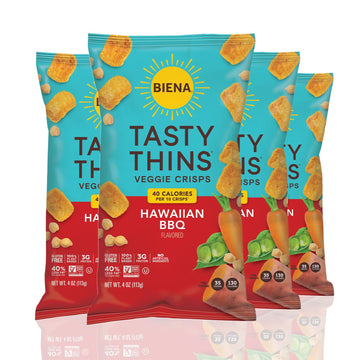 BIENA Tasty Thins Veggie Crisps – Hawaiian BBQ, 4-Pack, 4 oz Bags – Chickpeas & Veggies, Vegan, Gluten Free, Dairy-Free, Non-GMO, Allergy-Friendly, Healthy Snacks for Adults and Kids