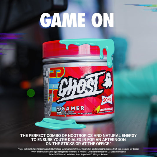 Ghost Gamer: Energy And Focus Support Formula - 40 Servings, Sonic Cherry Limeade - Nootropics & Natural Caffeine For Attention, Accuracy & Reaction Time - Vegan, Gluten-Free