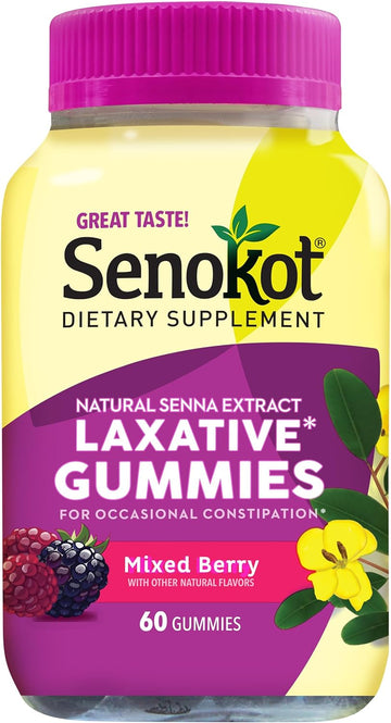 Senokot Dietary Supplement Laxative Gummies, Natural Senna Extract, Gentle, Overnight Relief From Occasional Constipation, Mixed Berry Flavor, 60 Count