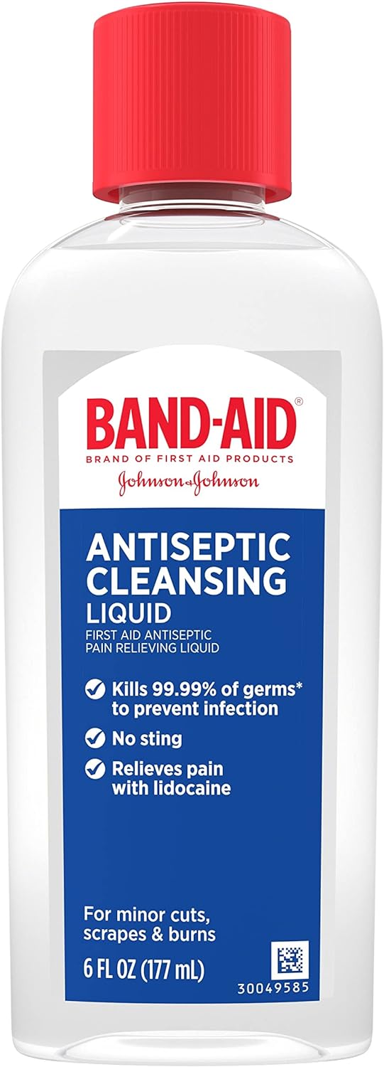 Band-Aid Brand Antiseptic Cleansing Liquid, First Aid Antiseptic Wash Relieves Pain & Kills Germs, With Benzalkonium Cl Wound Antiseptic & Lidocaine Hcl Topical Analgesic, 6 Fl. Oz