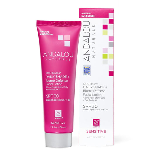 Andalou Naturals Daily Shade Face Sunscreen, 1000 Roses, SPF 30 Mineral Sunscreen with Zinc Oxide, Skin Barrier Defense + Broad Spectrum Protection, Gentle & Soothing, for Sensitive Skin - 2.7 Fl Oz
