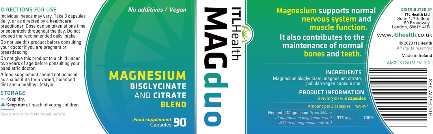 MAG365 ITL Health - MAG Duo Magnesium Bisglycinate & Citrate Blend, 90 Capsules, Promotes Stress Relief, Excellent Source of Magnesium, Overall Health Supplement : Amazon.co.uk: Health & Personal Care