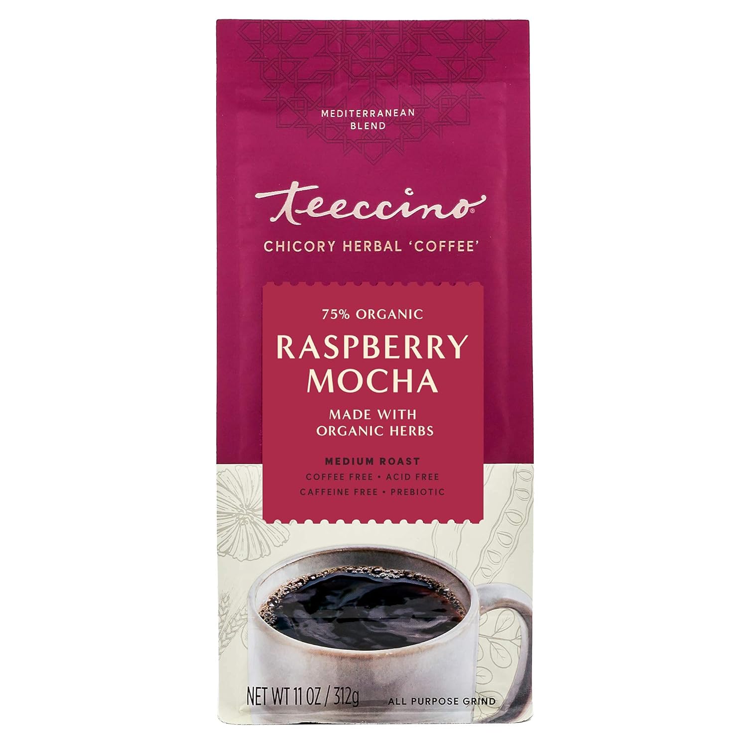 Teeccino Raspberry Mocha Chicory Coffee Alternative - Ground Herbal Coffee That’S Prebiotic, Caffeine Free & Acid Free, Dark Roast, 11 Ounce