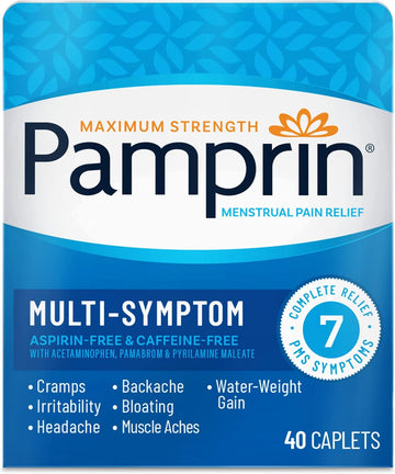 Pamprin Multi-Symptom Formula, with Acetaminophen, Menstrual Period Symptoms Relief including Cramps, Pain, and Bloating, 40 Caplets