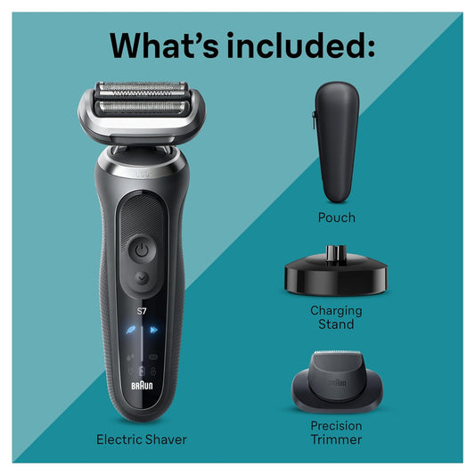 Braun Electric Shaver For Men, Series 7 7127Cs, Wet & Dry Shave, Turbo & Gentle Shaving Modes, Waterproof Foil Shaver, Engineered In Germany, With Beard Trimmer, Charging Stand, Space Grey