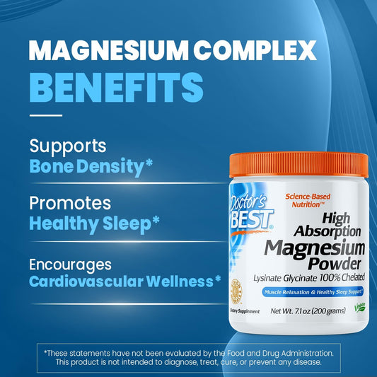Doctor'S Best High Absorption Magnesium Powder,White, 100% Chelated Traccs, Not Buffered, Headaches, Sleep, Energy. Non-Gmo, Vegan, Gluten Free, 200G, 7.1 Ounce (Pack Of 1)