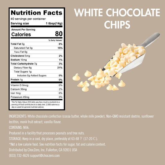 Choczero White Chocolate Chips - Sugar Free, Low Carb, Keto Friendly, Gluten Free - 20 Ounce Bulk Bag For Baking Keto Diet Cookies And Dessert