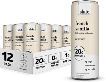 Slate Milk - High Protein Milk Shake - French Vanilla - Lactose Free, 20G Protein, 1G Sugar, 100 Calories, 1G Net Carbs, No Added Sugar - Natural, Breakfast Boost, Post Workout - 11 Fl Oz, 12 Cans