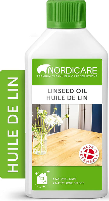 Nordicare Linseed Oil for Wood - 100% Pure & Natural Linseed Oil for Entire Indoor Area - Food-Safe Raw Linseed Oil for Wood Furniture - Underlines the Original Wood Structure - Made in Denmark 16.9oz