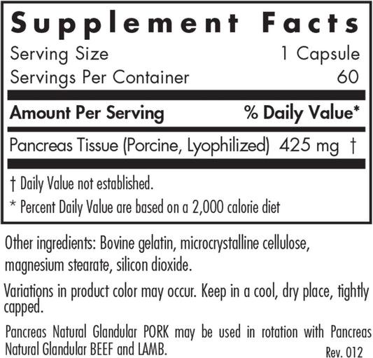 Allergy Research Group Pancreas Pork Supplement - Pancreas Natural Glandular, 425mg Pancreatic Enzymes, Digestive Enzymes for Pancreas, Amylase, Protease, Lipase, Hypoallergenic - 60 Count