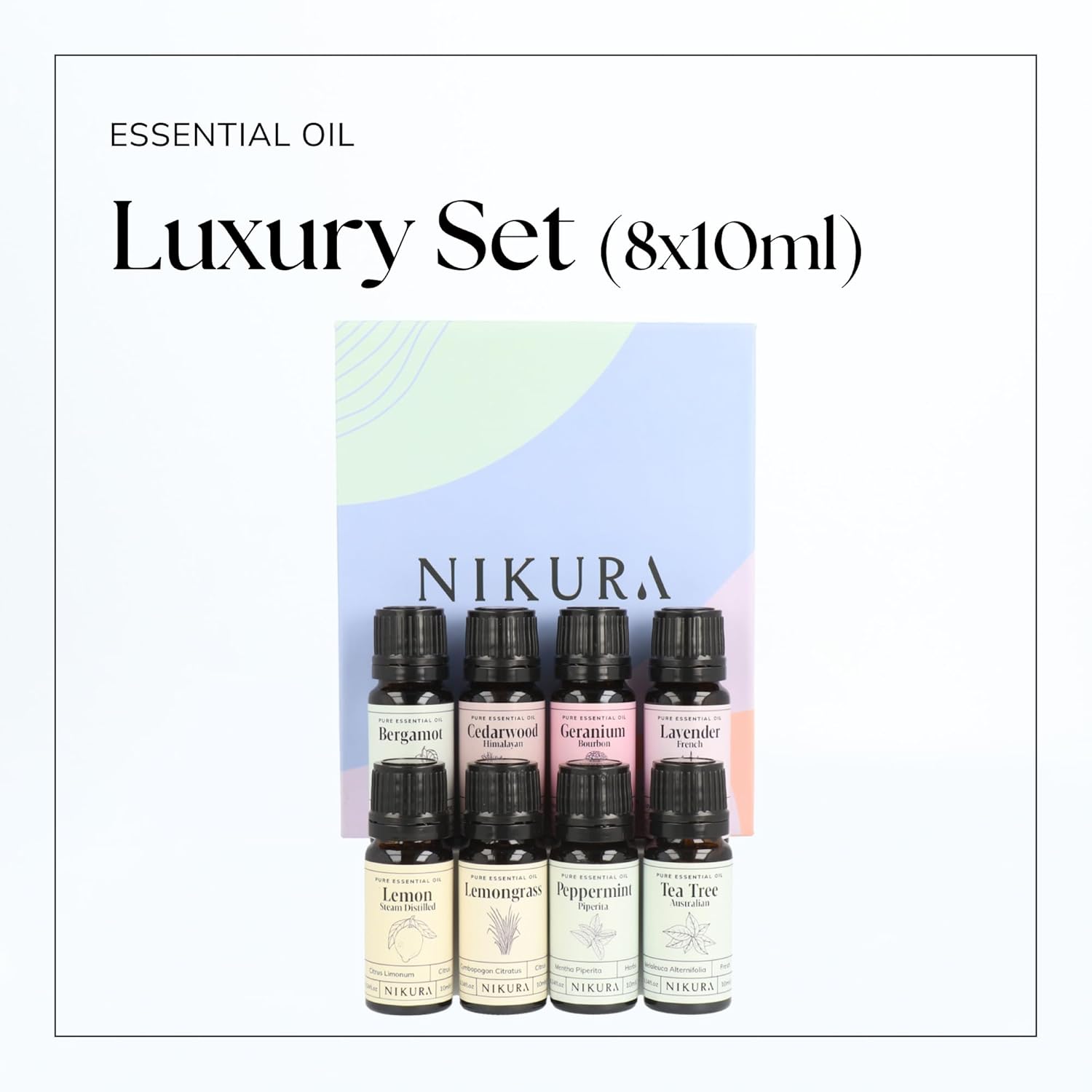 Nikura Luxury Essential Oil Gift Set - 8 x 10ml | Lavender, Tea Tree, Geranium, Peppermint, Bergamot, Cedarwood | for Aromatherapy, Gifts, Diffusers, Candle Making, Soap Making | Vegan & UK Made : Amazon.co.uk: Grocery
