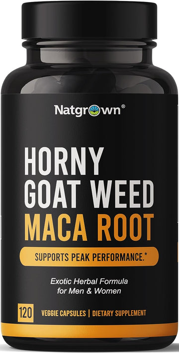 Natgrown Horny Goat Weed and Maca Root Extract Supplement for Men & Women (Epimedium Extract, Hornygoatweed) Vegan Capsules -120 Ct
