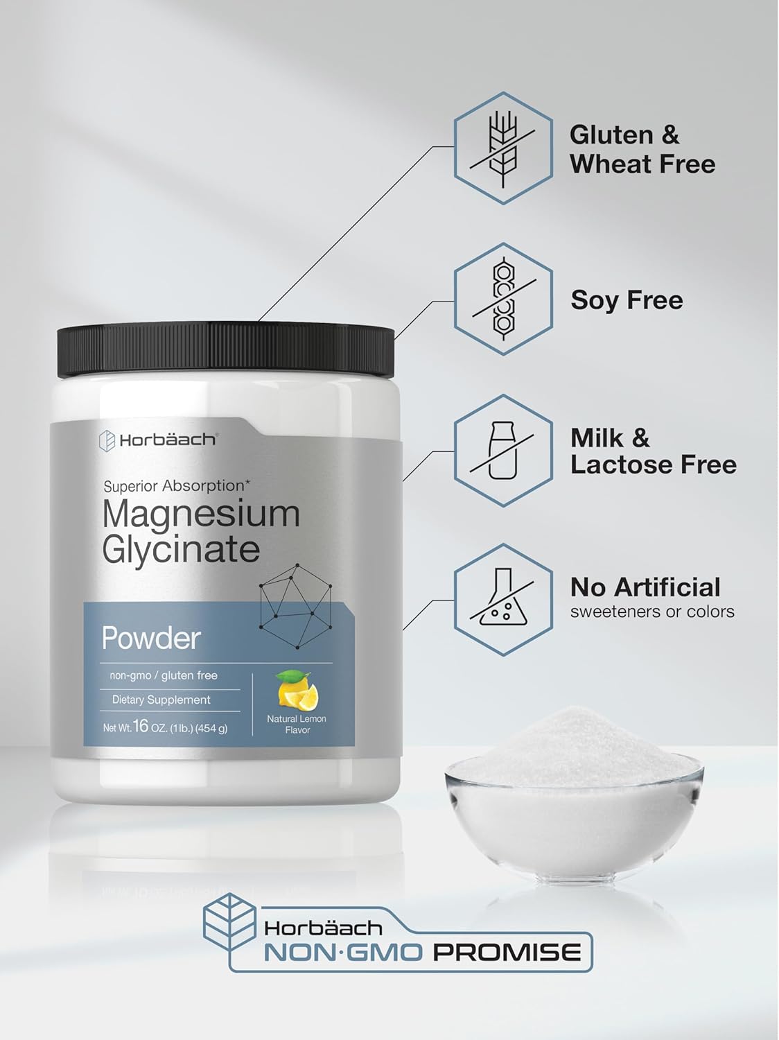 Horbäach Magnesium Glycinate Powder | 1 lb | Lemon Flavored | Superior Absorption | Non-GMO & Gluten Free : Health & Household